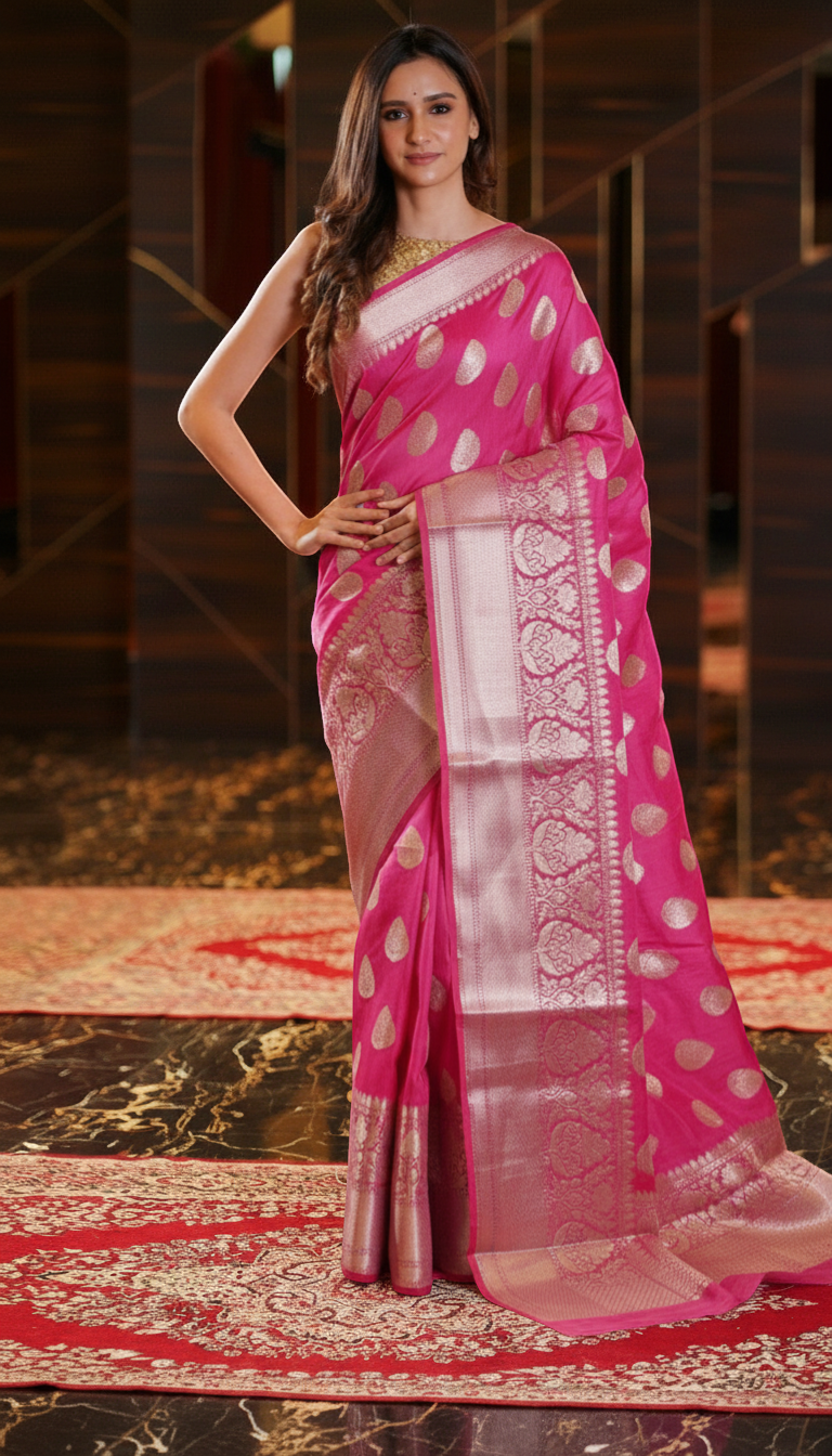 The Handlooms pink pure linen Banarasi saree with gold zari border and polka dot motifs. Handwoven.