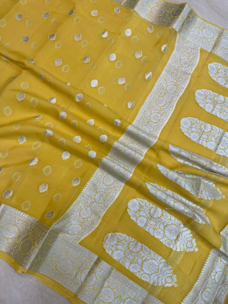 Light Yellow Pure Chiffon Khaddi Banarasi Saree - The Handlooms
