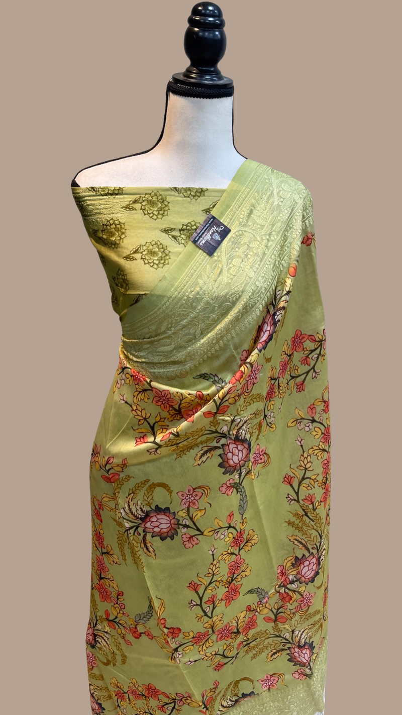 Pure Chanderi  Digital Print with Chikankari Handloom Banarasi Saree - The Handlooms