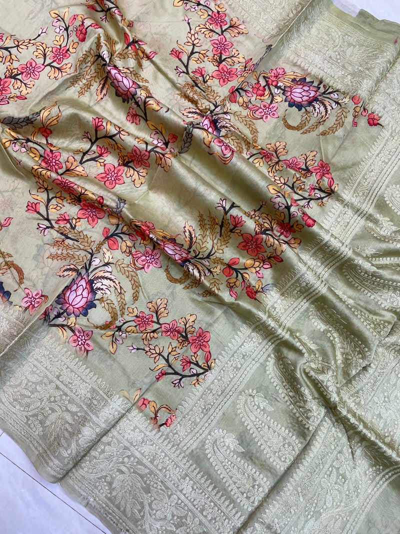 Pure Chanderi  Digital Print with Chikankari Handloom Banarasi Saree - The Handlooms