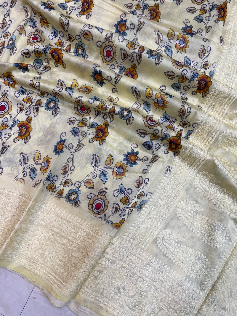 Pure Chanderi  Digital Print with Chikankari Handloom Banarasi Saree - The Handlooms