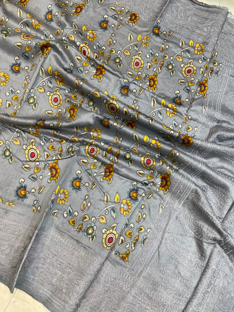 Pure Chanderi  Digital Print with Chikankari Handloom Banarasi Saree - The Handlooms