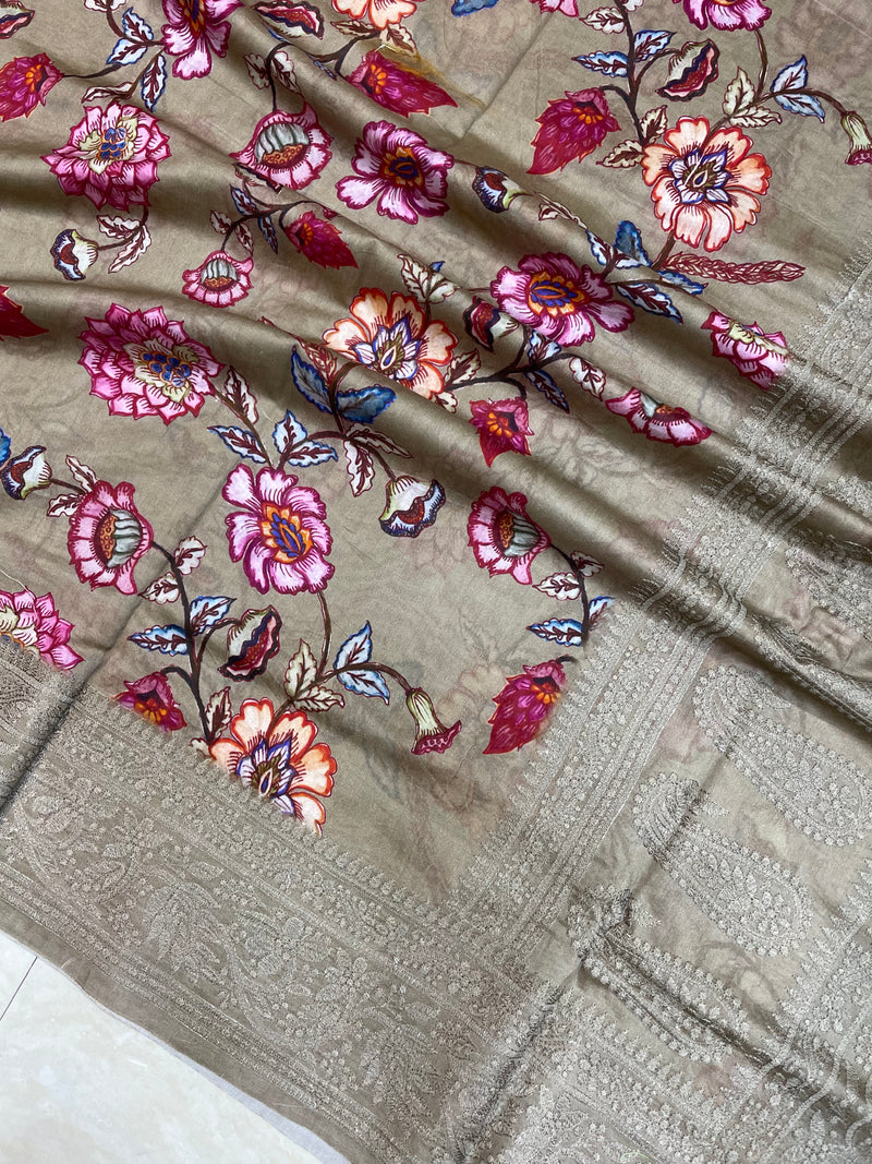 Pure Chanderi  Digital Print with Chikankari Handloom Banarasi Saree - The Handlooms