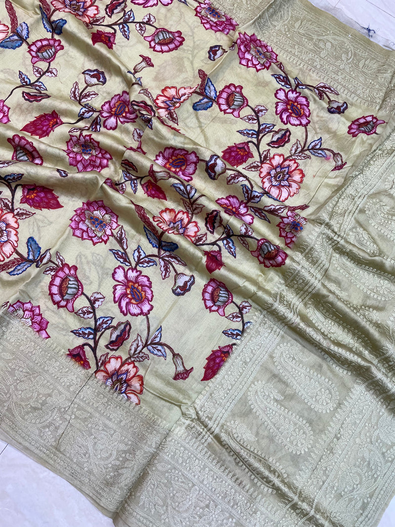 Pure Chanderi  Digital Print with Chikankari Handloom Banarasi Saree - The Handlooms