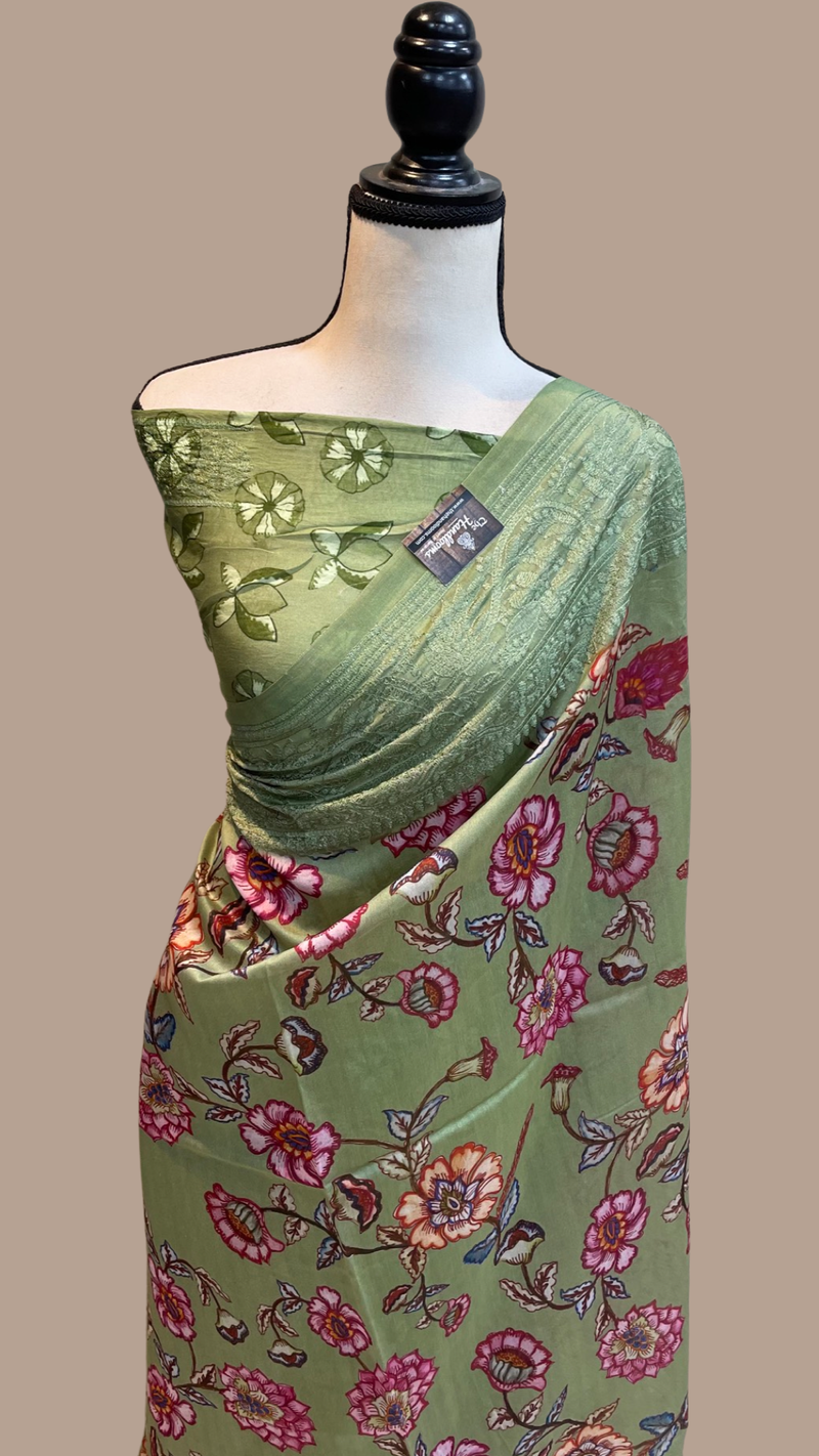 Pure Chanderi  Digital Print with Chikankari Handloom Banarasi Saree - The Handlooms