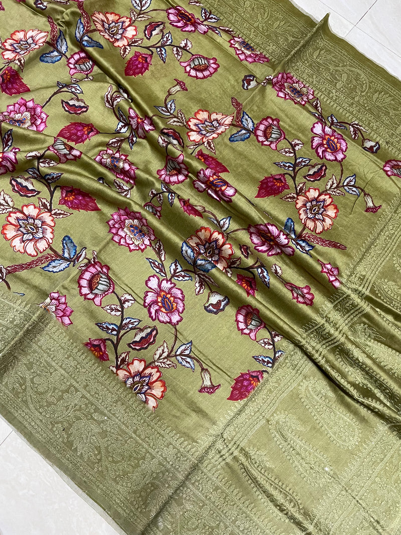 Pure Chanderi  Digital Print with Chikankari Handloom Banarasi Saree - The Handlooms