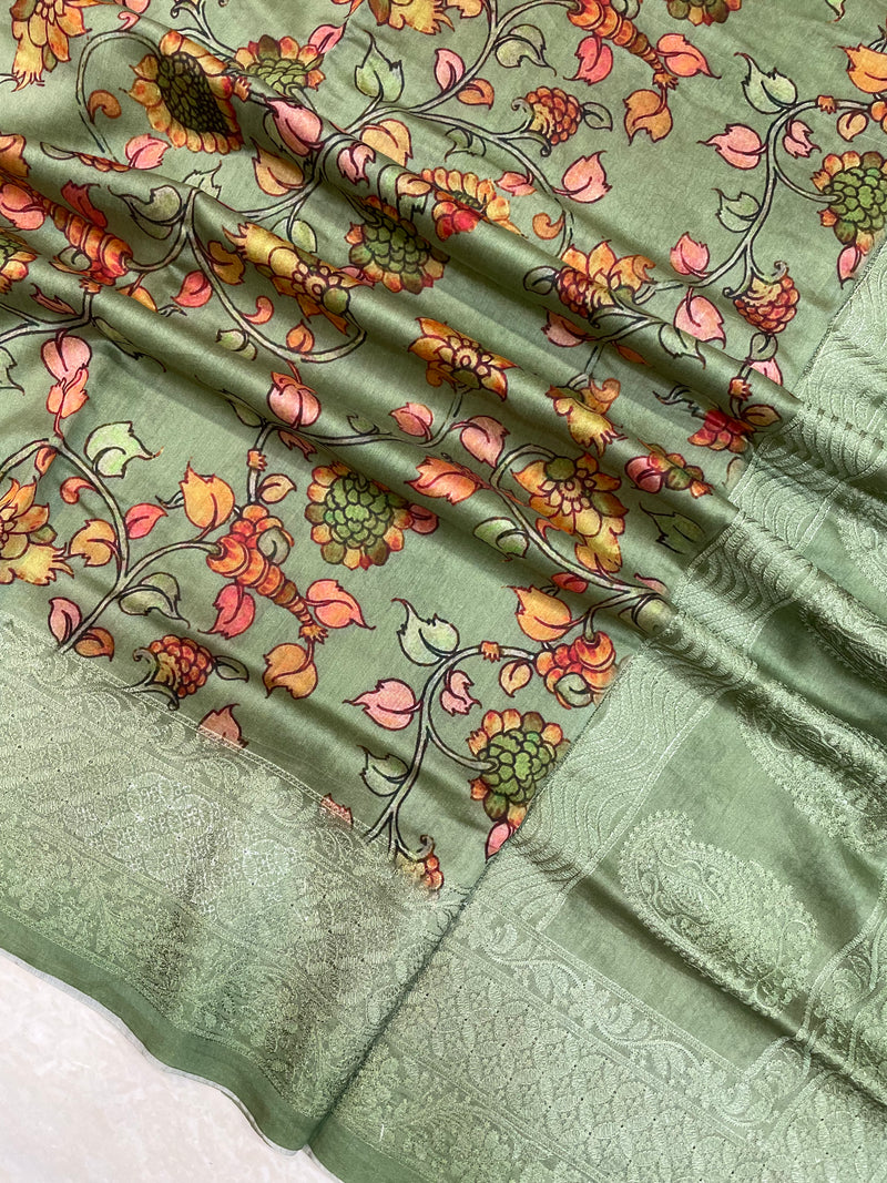 Pure Chanderi  Digital Print with Chikankari Handloom Banarasi Saree - The Handlooms