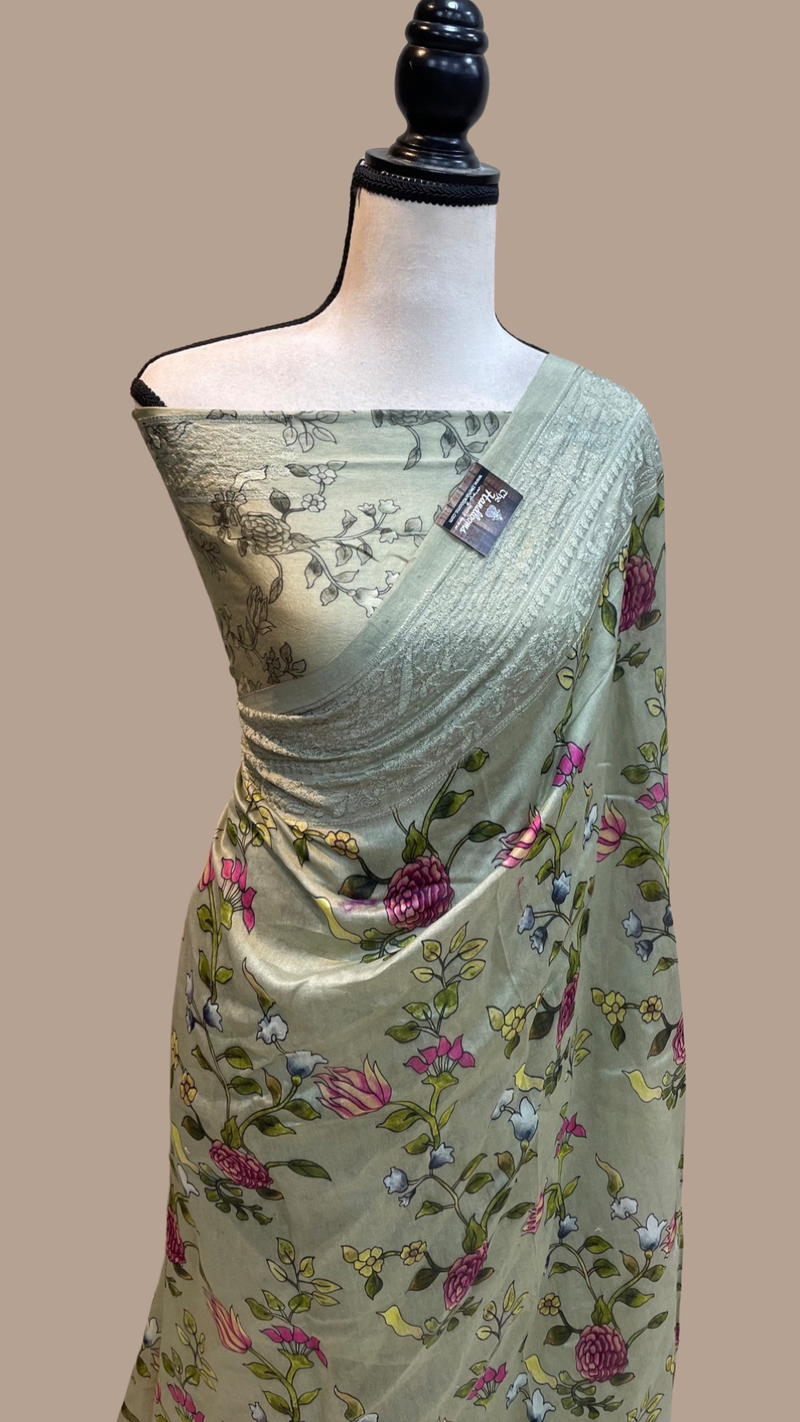Pure Chanderi  Digital Print with Chikankari Handloom Banarasi Saree - The Handlooms