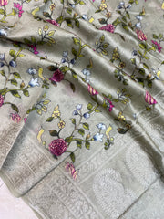 Pure Chanderi  Digital Print with Chikankari Handloom Banarasi Saree - The Handlooms