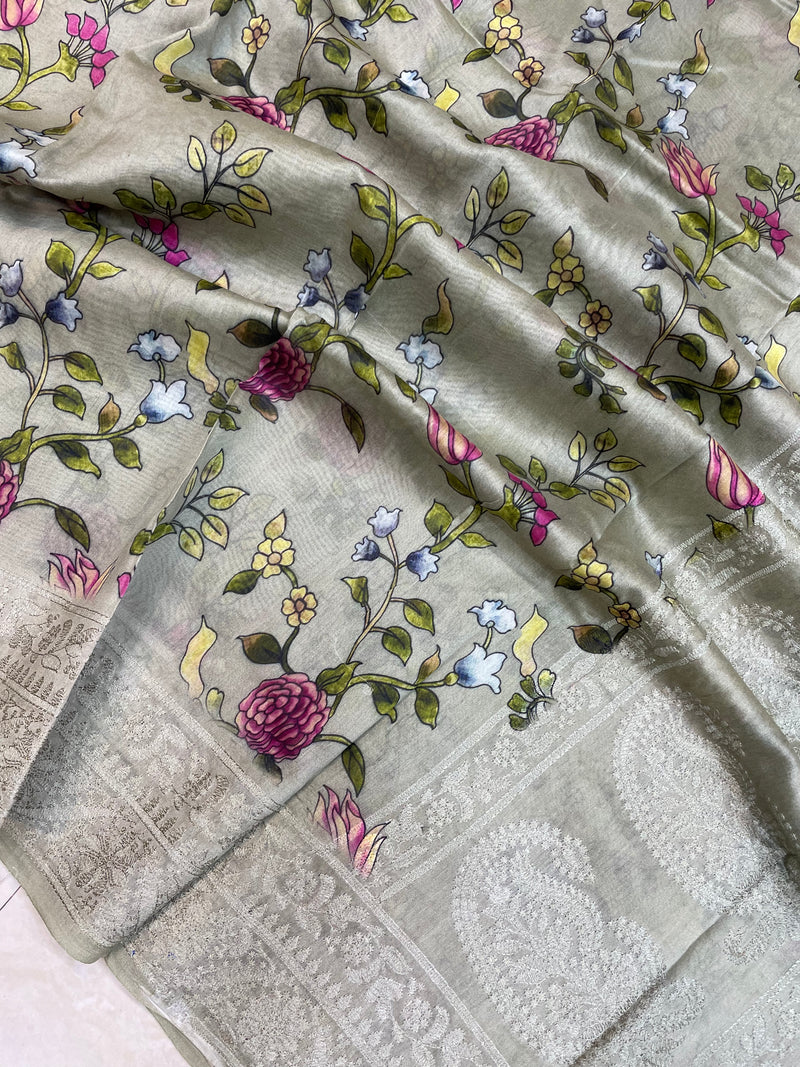 Pure Chanderi  Digital Print with Chikankari Handloom Banarasi Saree - The Handlooms