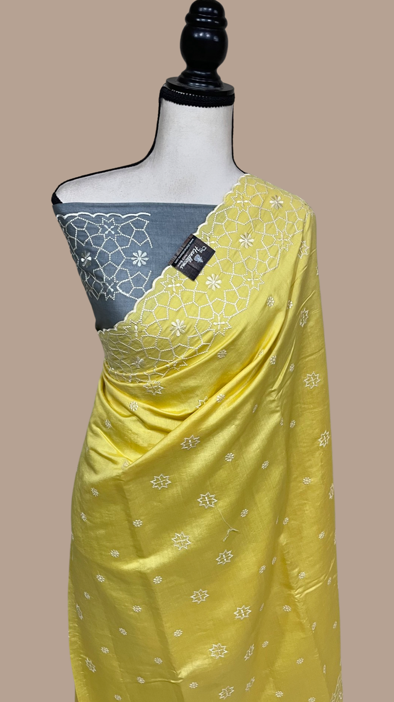 Pure Chiniya Silk Handloom Banarasi Saree Chikankari - The Handlooms