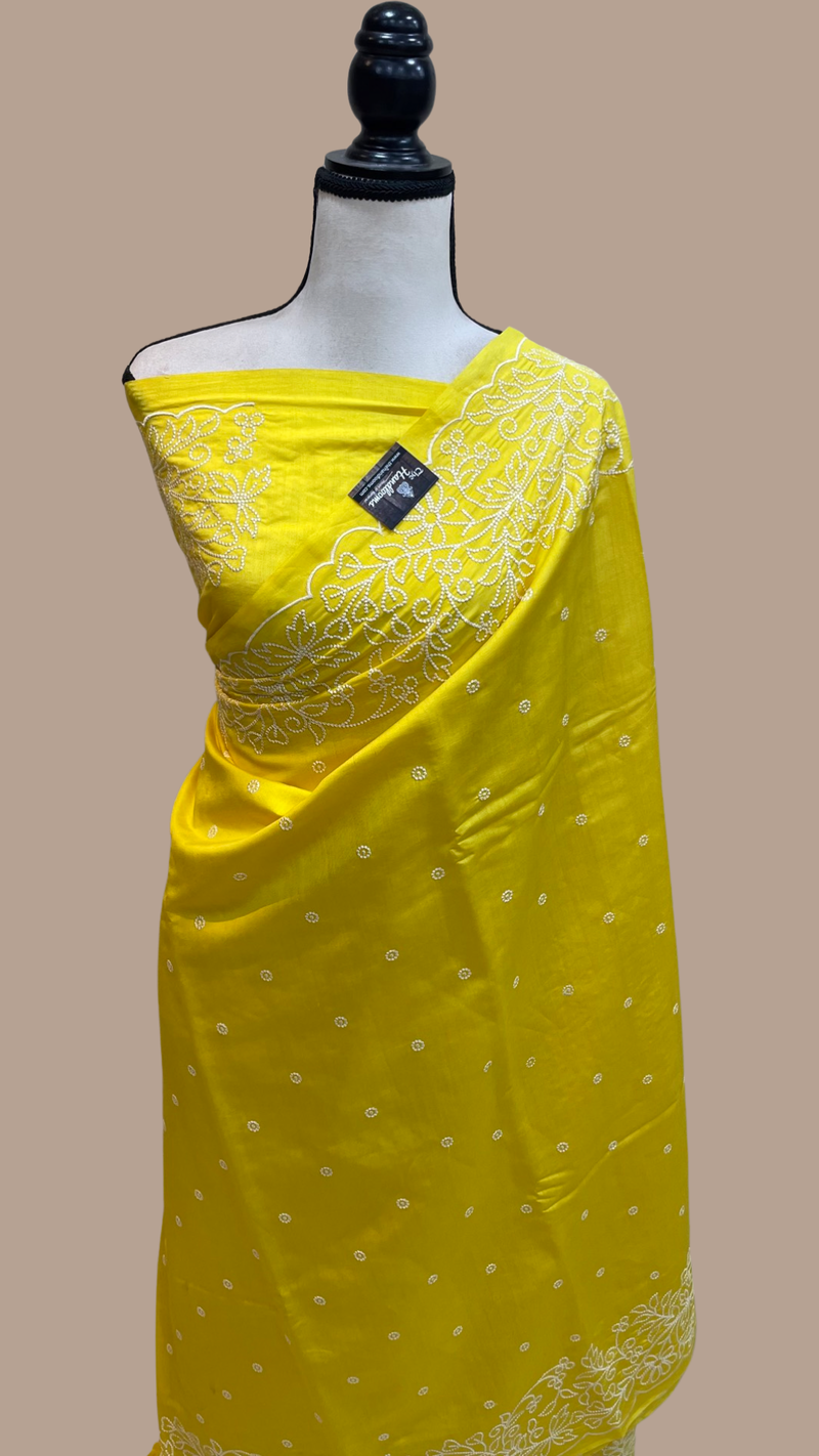 Pure Chiniya Silk Handloom Banarasi Saree Chikankari - The Handlooms
