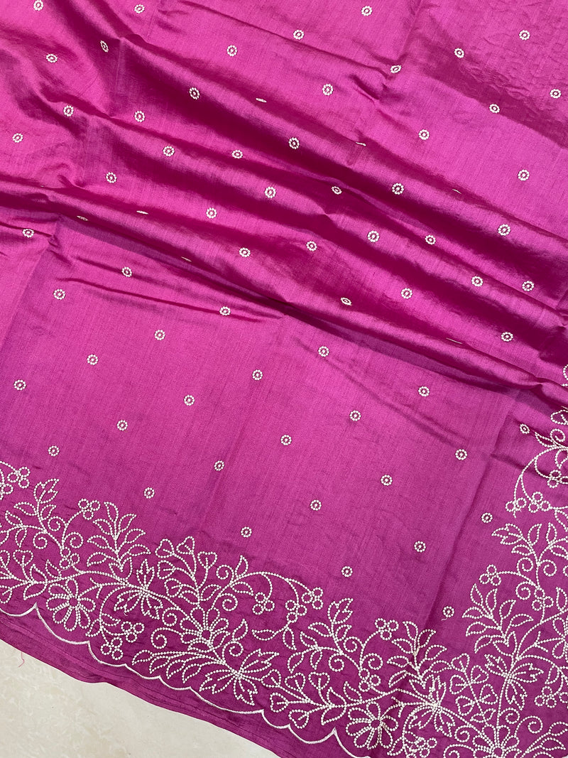 Pure Chiniya Silk Handloom Banarasi Saree Chikankari - The Handlooms