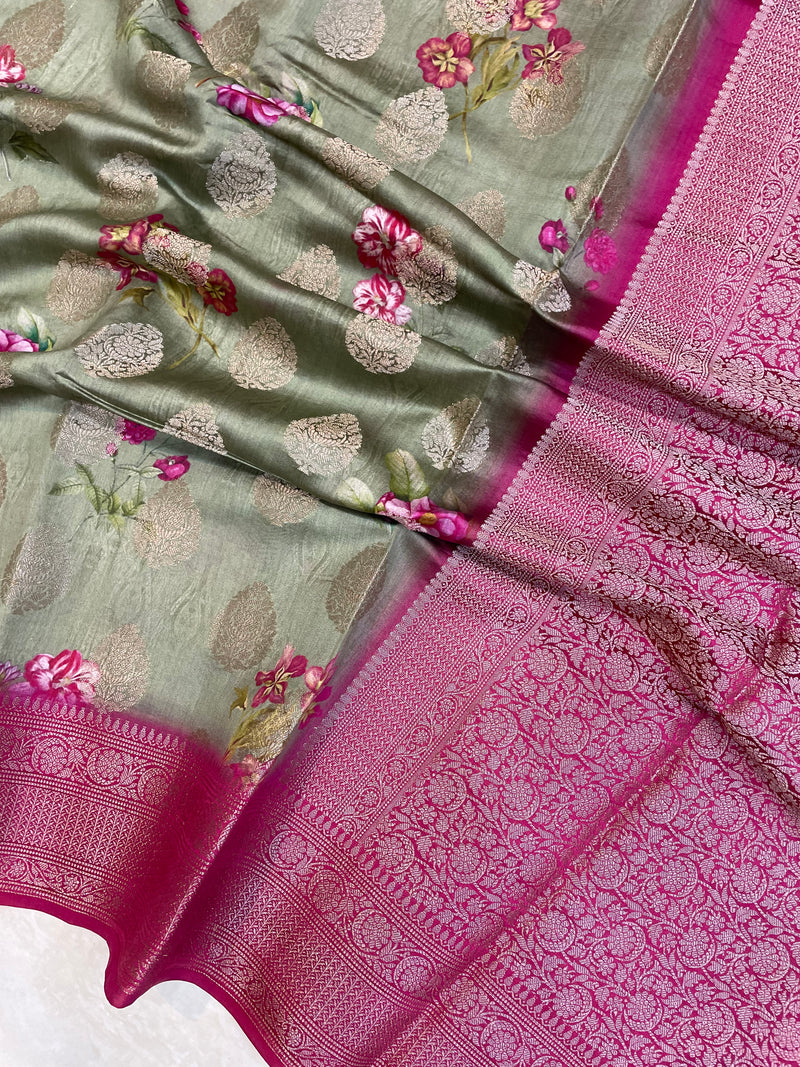 Pure Chiniya Silk Handloom Banarasi Saree Digital Print - The Handlooms