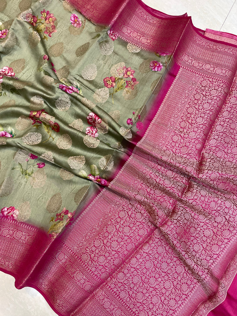 Pure Chiniya Silk Handloom Banarasi Saree Digital Print - The Handlooms
