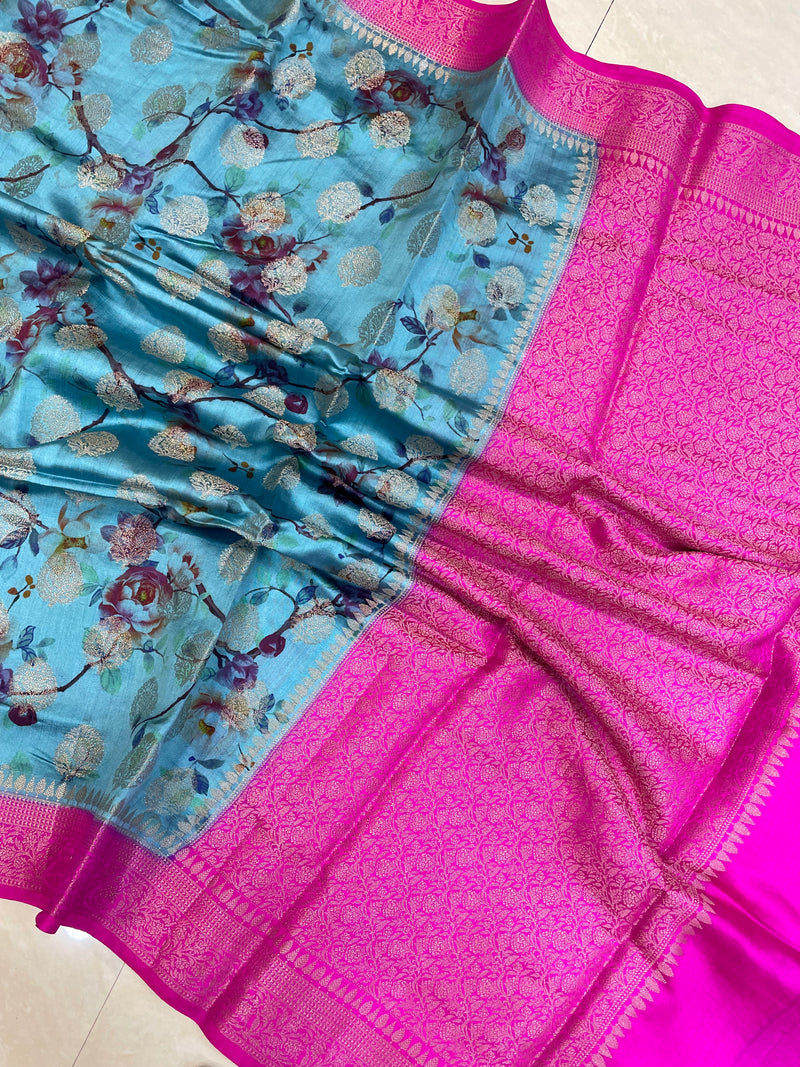 Pure Chiniya Silk Handloom Banarasi Saree Digital Print - The Handlooms