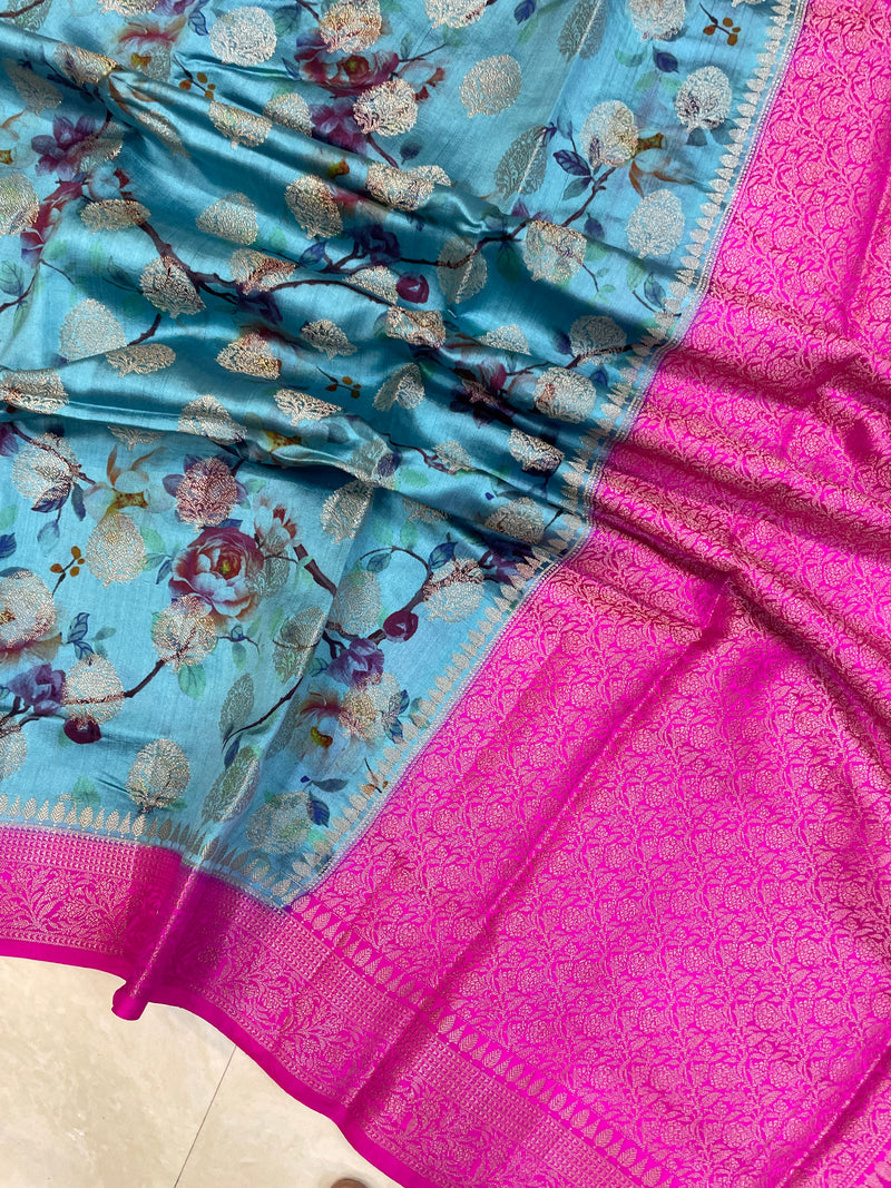 Pure Chiniya Silk Handloom Banarasi Saree Digital Print - The Handlooms