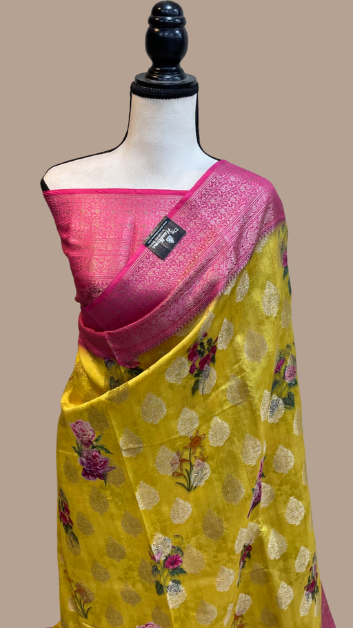 Pure Chiniya Silk Handloom Banarasi Saree Digital Print - The Handlooms