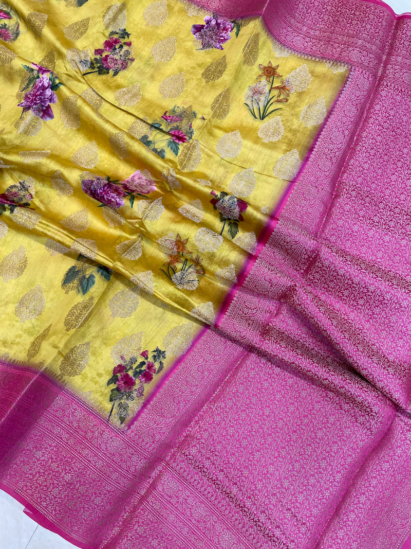 Pure Chiniya Silk Handloom Banarasi Saree Digital Print - The Handlooms