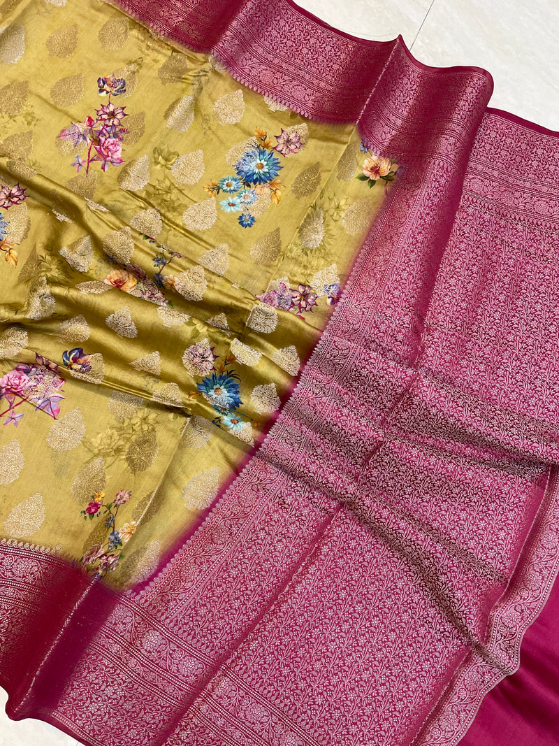 Pure Chiniya Silk Handloom Banarasi Saree Digital Print - The Handlooms