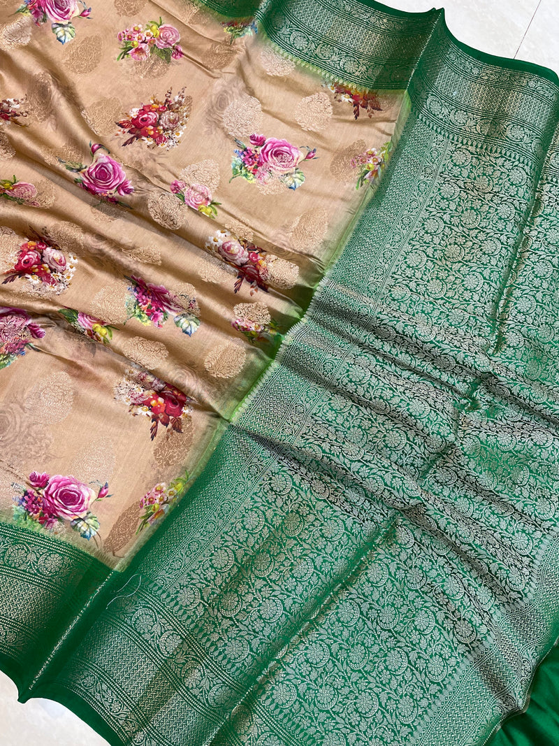 Pure Chiniya Silk Handloom Banarasi Saree Digital Print - The Handlooms