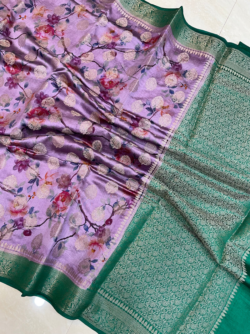 Pure Chiniya Silk Handloom Banarasi Saree Digital Print - The Handlooms