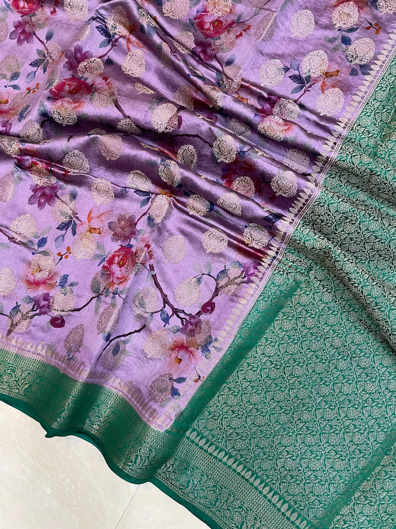 Pure Chiniya Silk Handloom Banarasi Saree Digital Print - The Handlooms