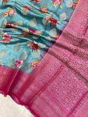 Pure Chiniya Silk Handloom Banarasi Saree Digital Print - The Handlooms