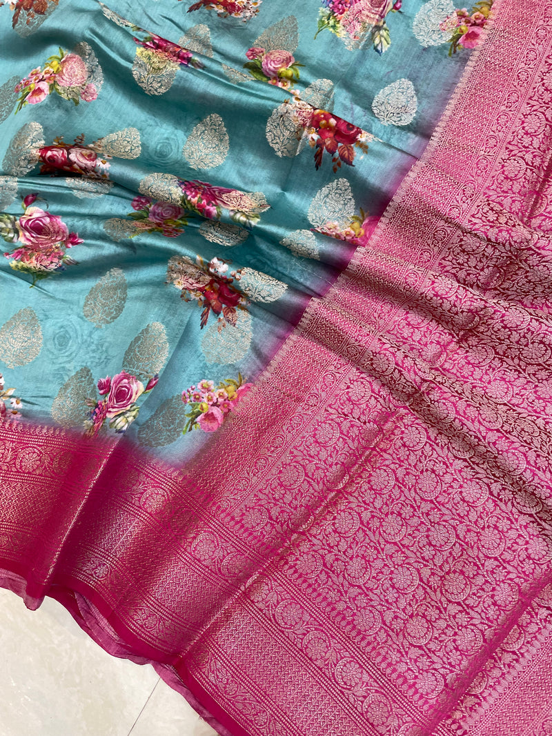 Pure Chiniya Silk Handloom Banarasi Saree Digital Print - The Handlooms
