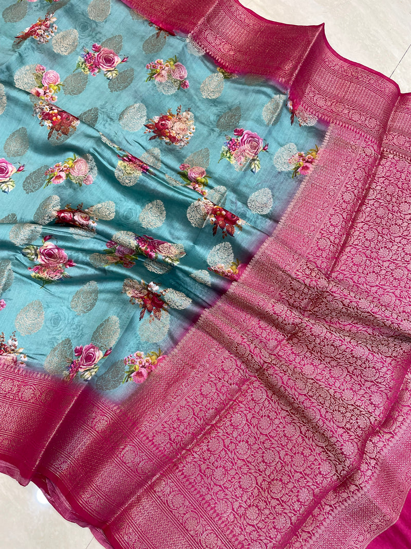 Pure Chiniya Silk Handloom Banarasi Saree Digital Print - The Handlooms
