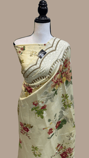 Pure Chiniya Silk Handloom Banarasi Saree Digital Print with Chikankari - The Handlooms