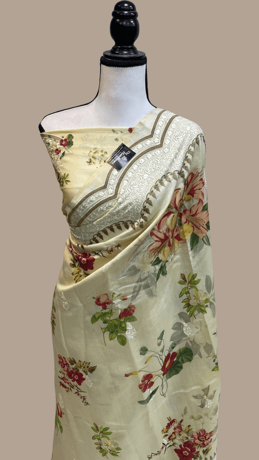 Pure Chiniya Silk Handloom Banarasi Saree Digital Print with Chikankari - The Handlooms