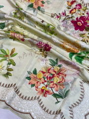 Pure Chiniya Silk Handloom Banarasi Saree Digital Print with Chikankari - The Handlooms