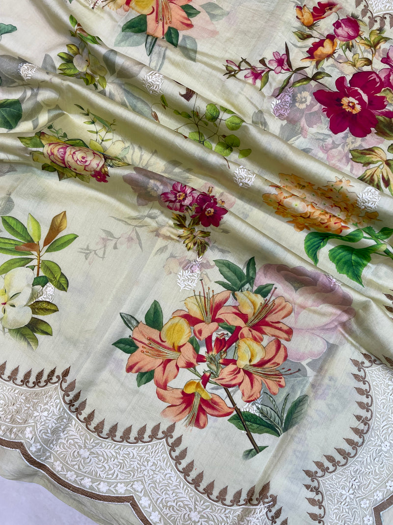 Pure Chiniya Silk Handloom Banarasi Saree Digital Print with Chikankari - The Handlooms