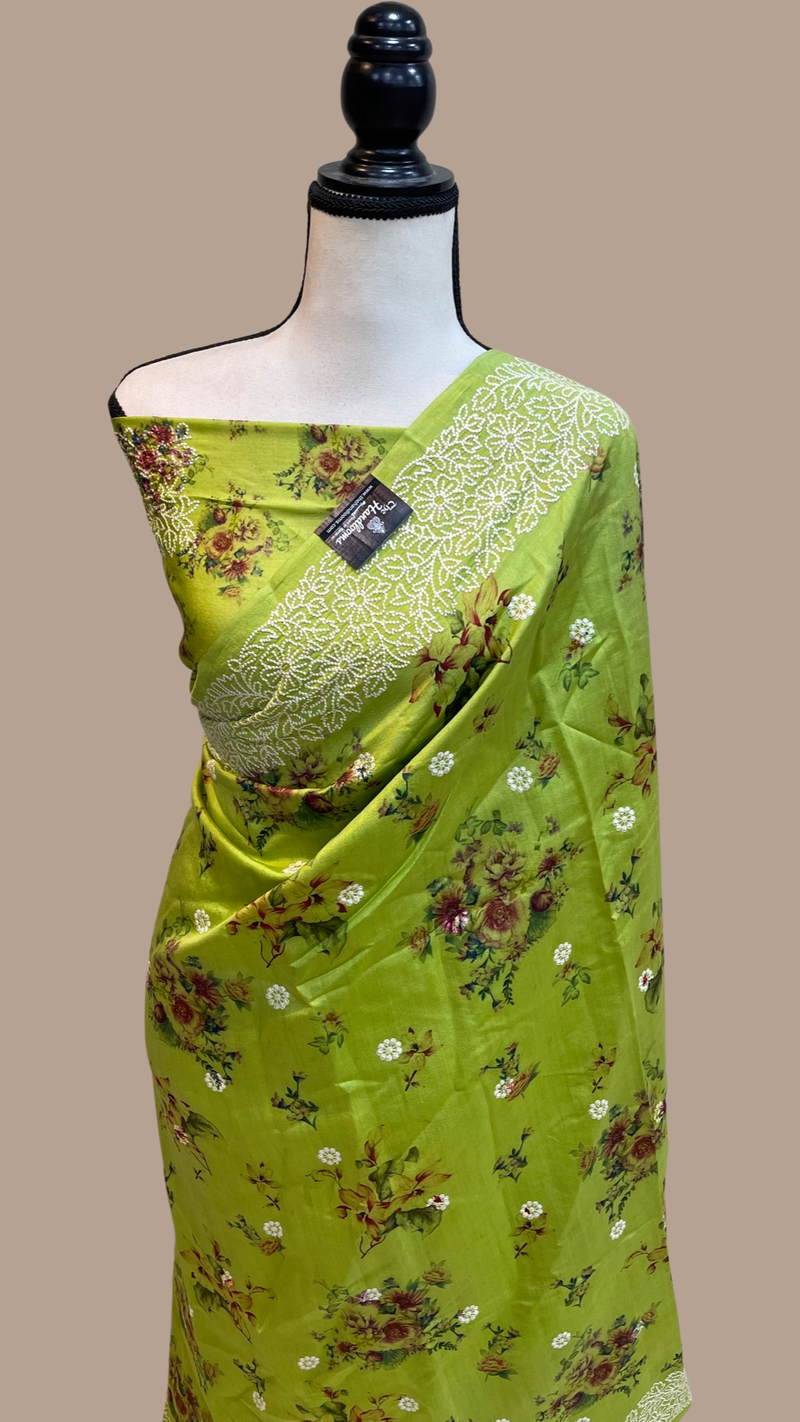 Pure Chiniya Silk Handloom Banarasi Saree Digital Print with Chikankari - The Handlooms