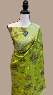 Pure Chiniya Silk Handloom Banarasi Saree Digital Print with Chikankari - The Handlooms