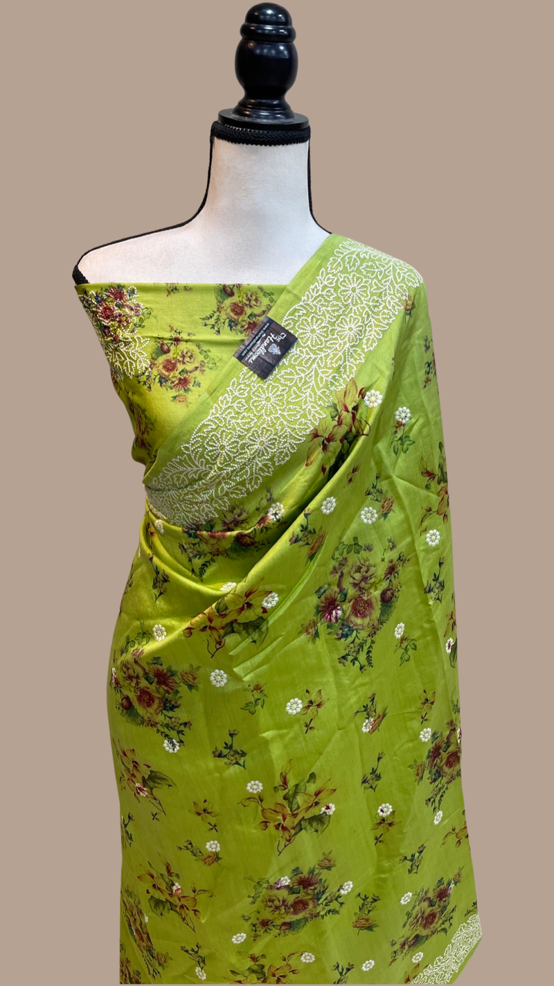 Pure Chiniya Silk Handloom Banarasi Saree Digital Print with Chikankari - The Handlooms