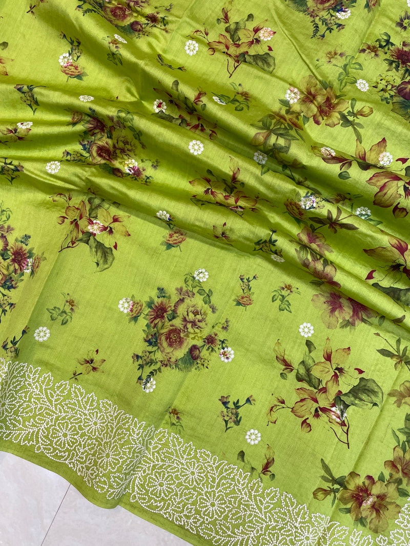 Pure Chiniya Silk Handloom Banarasi Saree Digital Print with Chikankari - The Handlooms