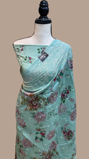 Pure Chiniya Silk Handloom Banarasi Saree Digital Print with Chikankari - The Handlooms