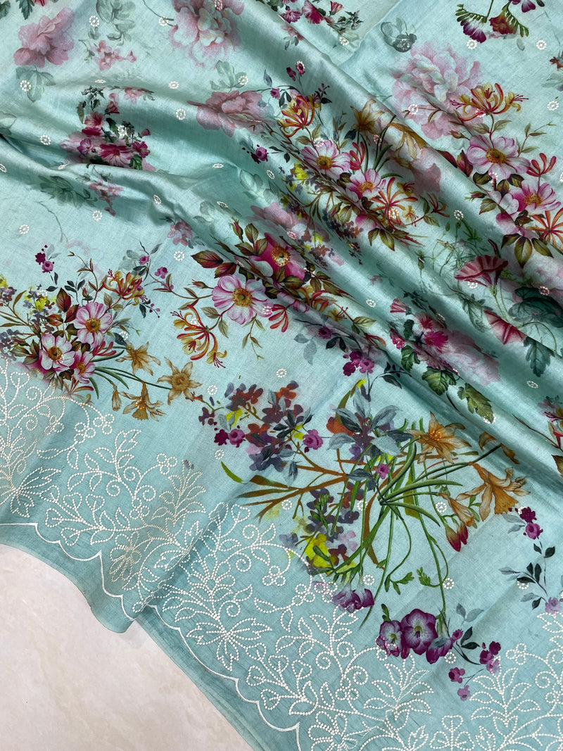 Pure Chiniya Silk Handloom Banarasi Saree Digital Print with Chikankari - The Handlooms