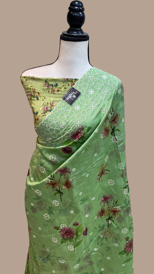 Pure Chiniya Silk Handloom Banarasi Saree Digital Print with Chikankari - The Handlooms