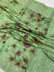 Pure Chiniya Silk Handloom Banarasi Saree Digital Print with Chikankari - The Handlooms
