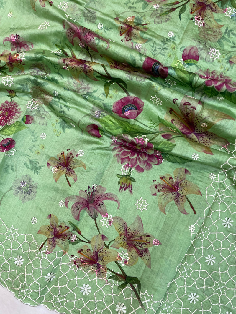 Pure Chiniya Silk Handloom Banarasi Saree Digital Print with Chikankari - The Handlooms