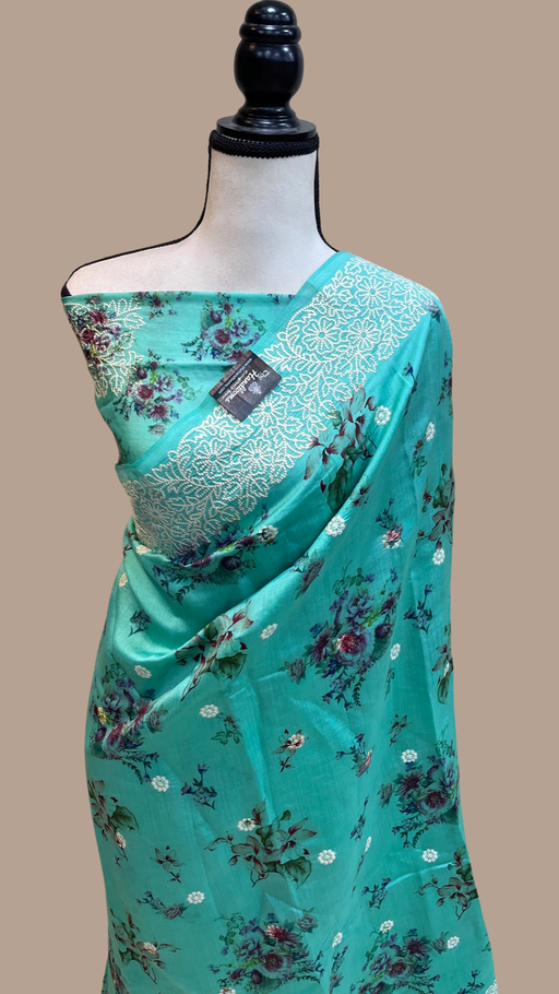 Pure Chiniya Silk Handloom Banarasi Saree Digital Print with Chikankari - The Handlooms