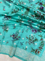 Pure Chiniya Silk Handloom Banarasi Saree Digital Print with Chikankari - The Handlooms