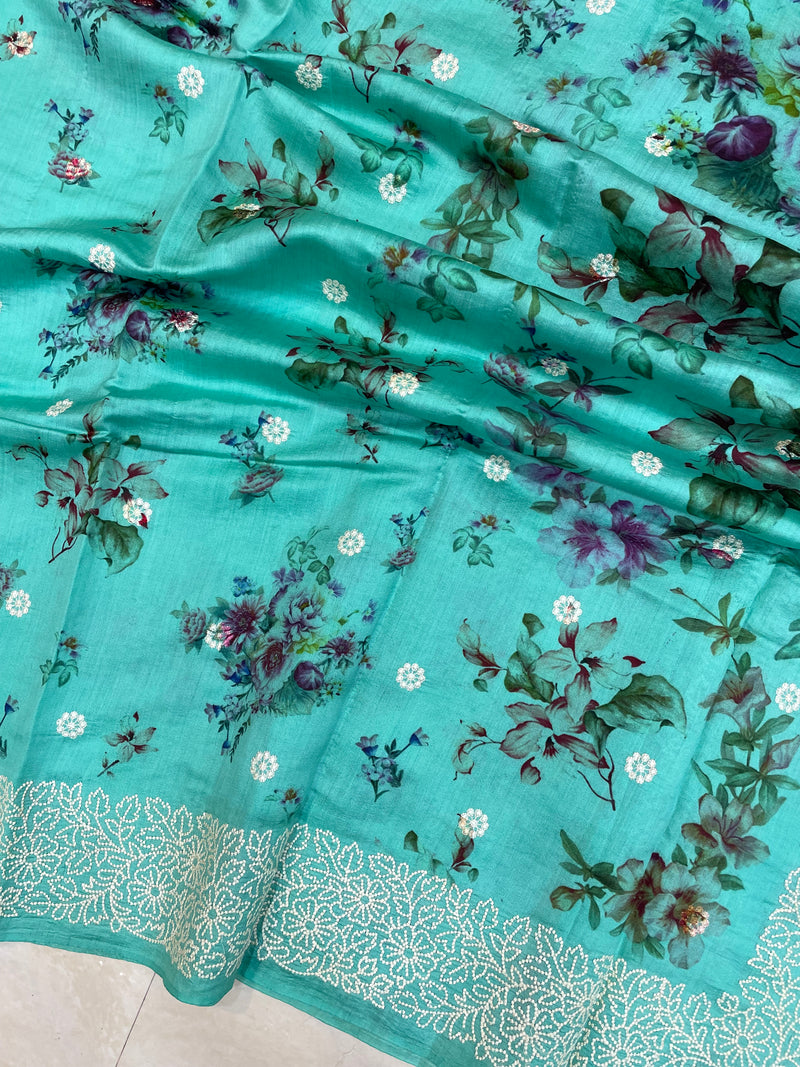 Pure Chiniya Silk Handloom Banarasi Saree Digital Print with Chikankari - The Handlooms