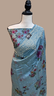 Pure Chiniya Silk Handloom Banarasi Saree Digital Print with Chikankari - The Handlooms