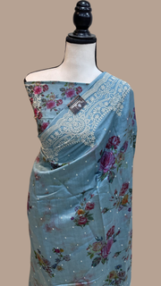 Pure Chiniya Silk Handloom Banarasi Saree Digital Print with Chikankari - The Handlooms