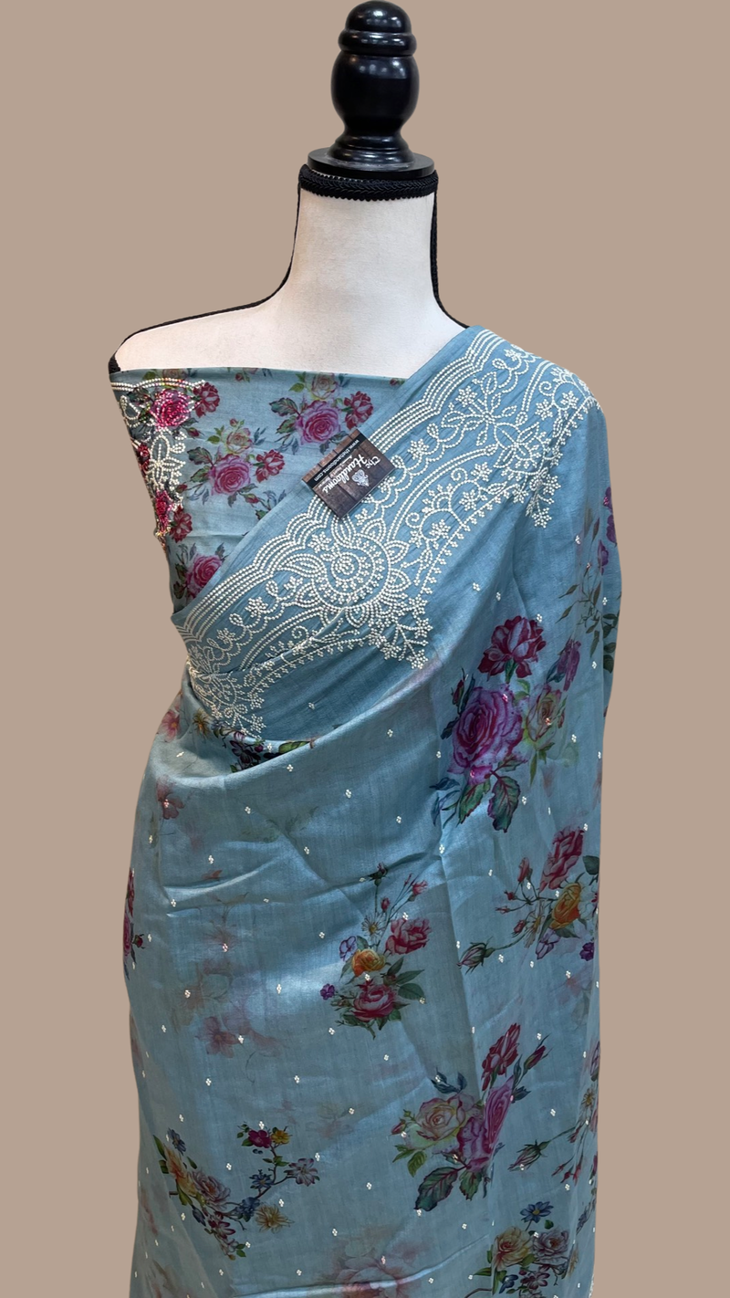 Pure Chiniya Silk Handloom Banarasi Saree Digital Print with Chikankari - The Handlooms