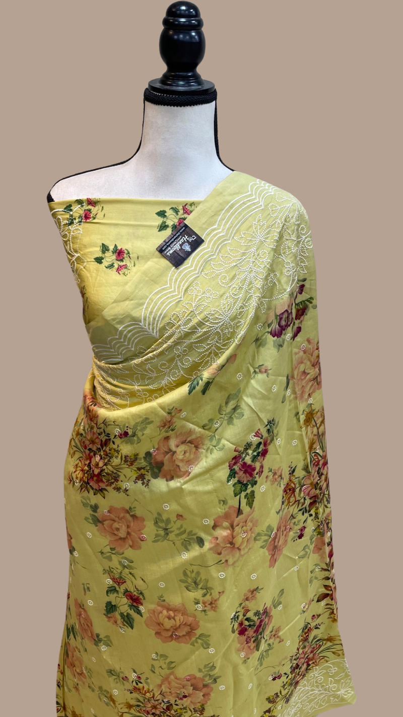 Pure Chiniya Silk Handloom Banarasi Saree Digital Print with Chikankari - The Handlooms